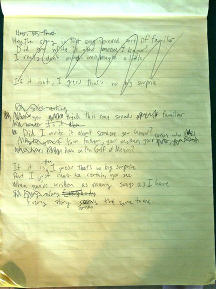 Abandoned lyrics on a legal pad